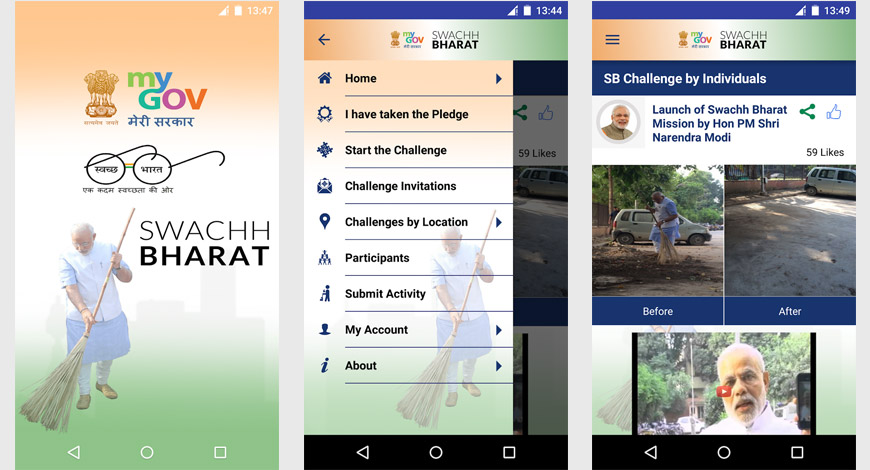 The Swachh Bharat app is the face of Narendra Modi's Swachh Bharat Abhiyaan. Users can create their profile on the app, but they need to be have an account on Twitter. Only Twitter users can have a user account on the Swachh Bharat App. Users can upload pictures of areas that are intensely polluted and tag the location too. Also, users can take up challenges to clean a certain area and invite their friends too. Users can then upload the before and after pictures of the area.