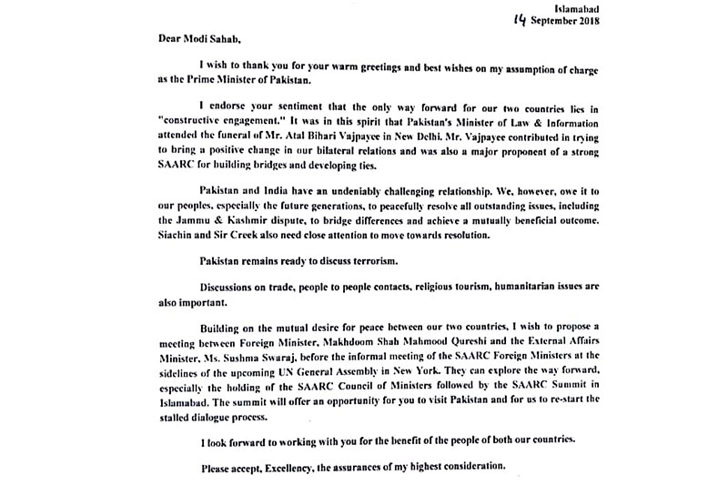 Imran Khan letter to Narendra Modi