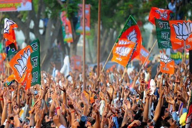 BJP supporters waving flags.