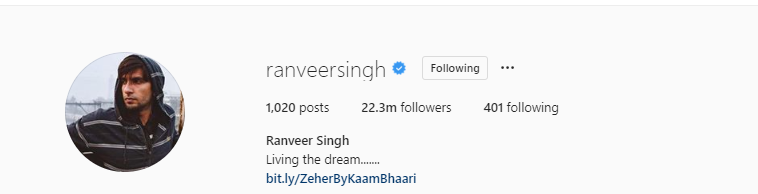 ranveer singh 22 3 million instagram followers - maximum followers on instagram indian